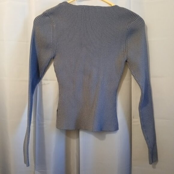 ZARA Ribbed knit Contour Bust Sweater Top M Gray Crew nk Long cap sleeve Stretch - Picture 5 of 7